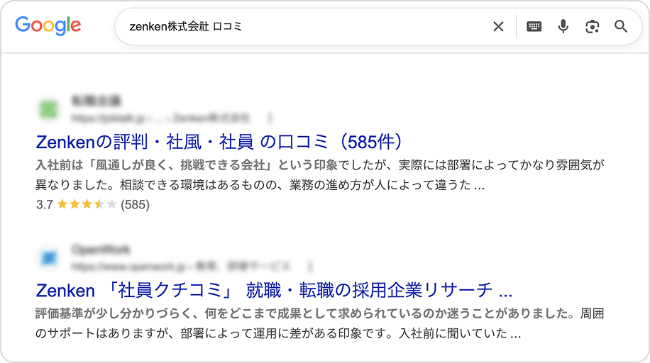 Google検索結果に既存の口コミサイトのネガティブな口コミが表示されているモックアップ