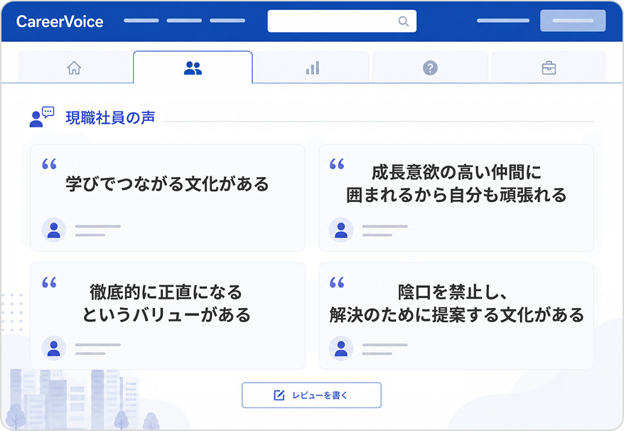 VOiCEにおける現職社員の口コミ例（学びでつながる文化、バリューの体現等のポジティブな内容）